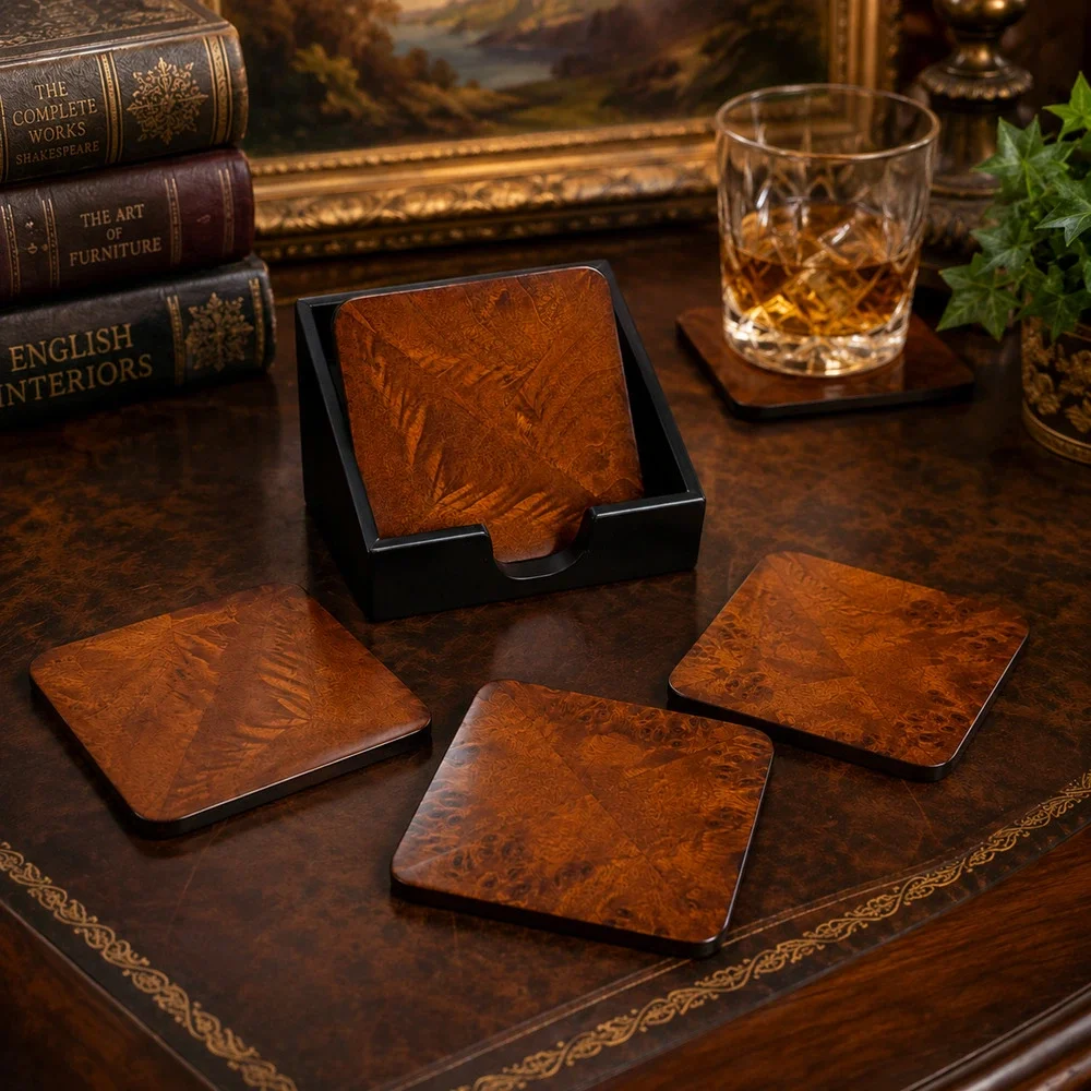 Vintage Bombay Company Wood Veneer Coasters Holder Set 4 Bookmatched Felt Back